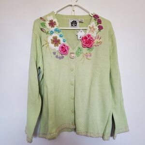 STORYBOOK KNITS SWEATER 'FLOWER ARRANGEMENT' WHIMSICAL GREEN WOMENS (L)